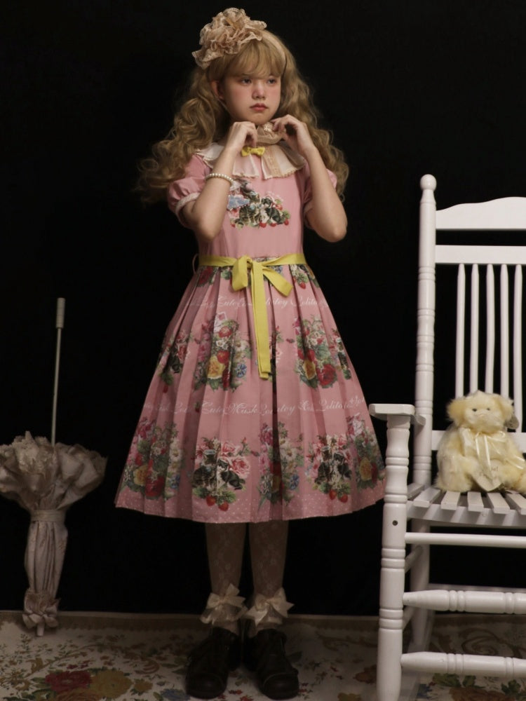 Strawberry Cat Bouquet Pink Vintage Floral Print Short Sleeves Sweet One Piece