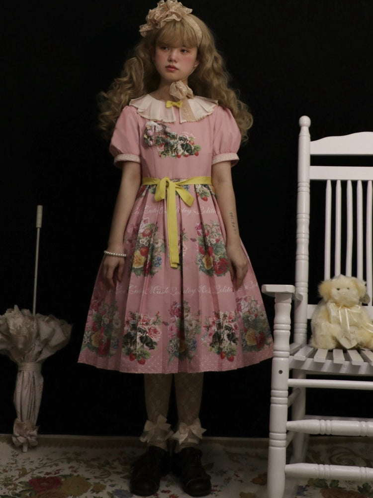 Strawberry Cat Bouquet Pink Vintage Floral Print Short Sleeves Sweet One Piece