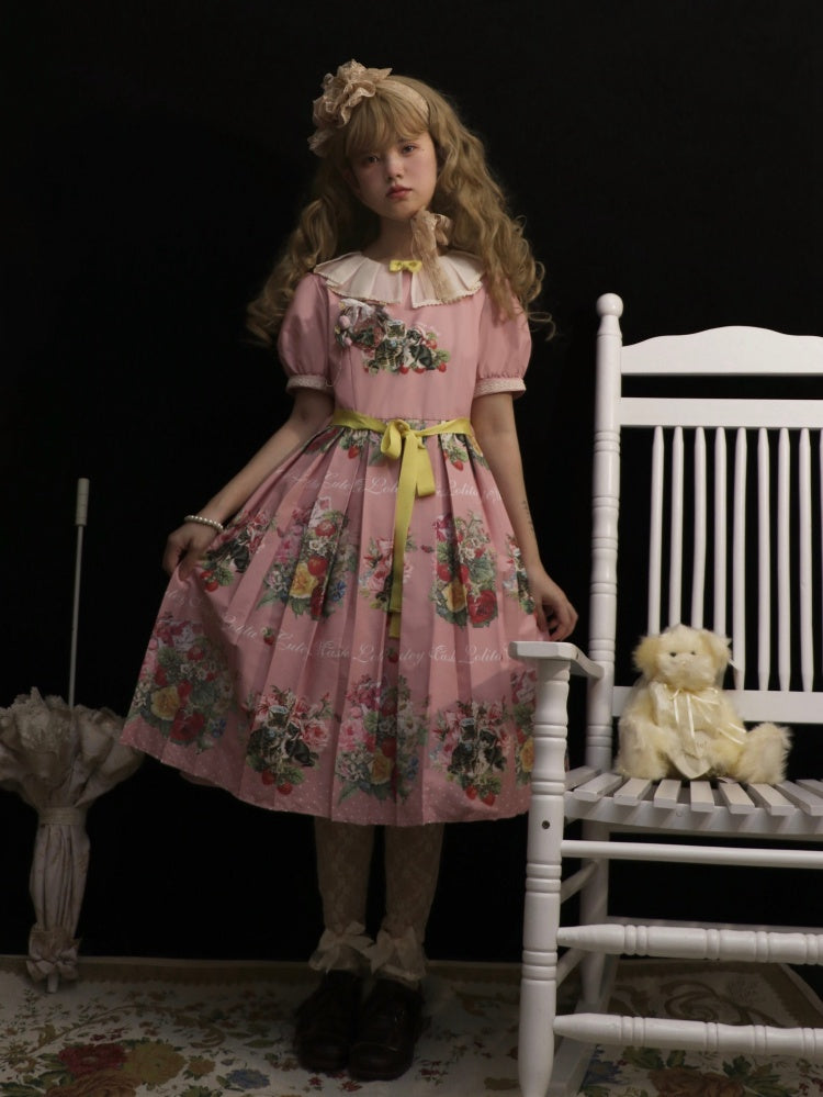 Strawberry Cat Bouquet Pink Vintage Floral Print Short Sleeves Sweet One Piece