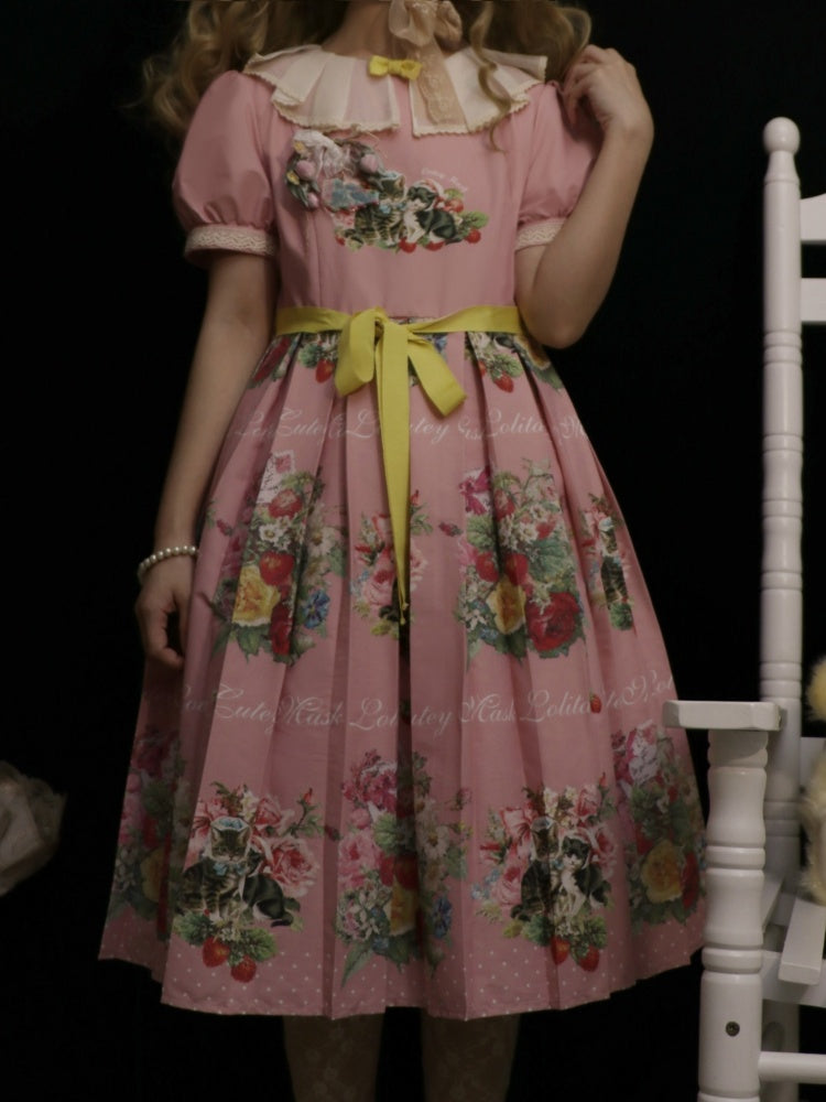 Strawberry Cat Bouquet Pink Vintage Floral Print Short Sleeves Sweet One Piece