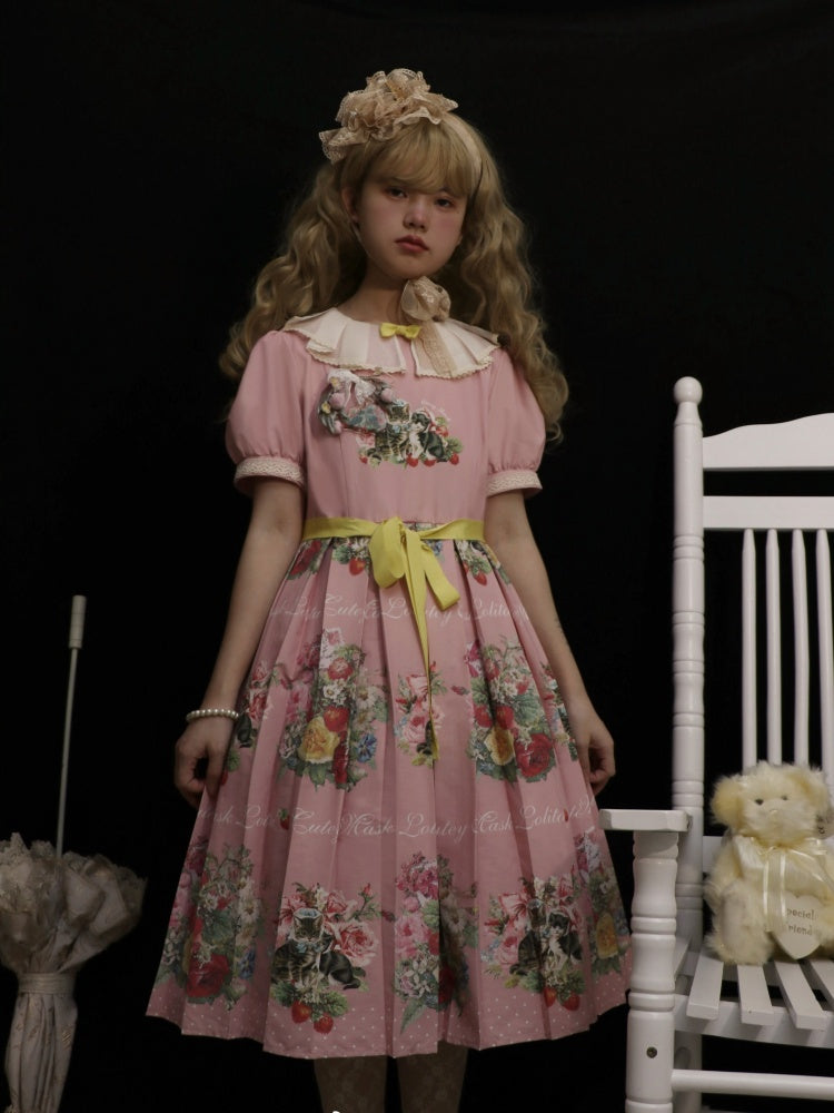 Strawberry Cat Bouquet Pink Vintage Floral Print Short Sleeves Sweet One Piece