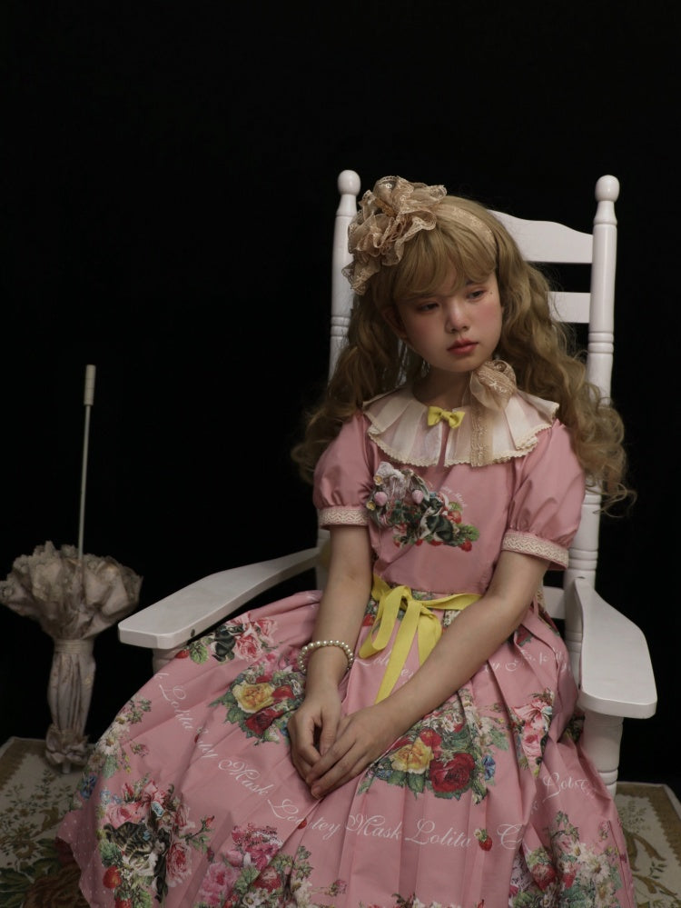 Strawberry Cat Bouquet Pink Vintage Floral Print Short Sleeves Sweet One Piece