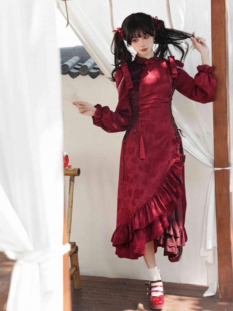 Red Layered Flounce Hemline New Year Winter Qipao - Sukuroi