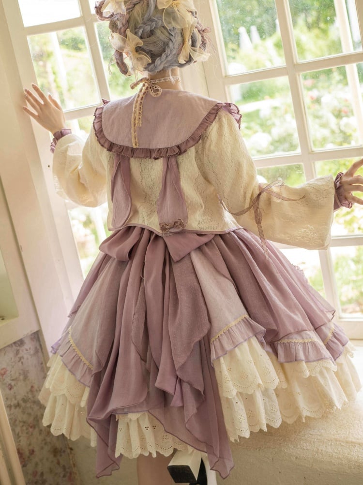 Floral Design White and Purple One Piece + Long Sleeves Top Set