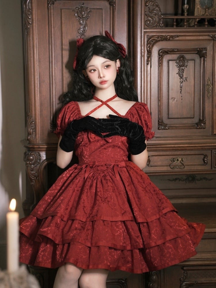 Red Basque Waist Party Dress Tiered Ruffle Hemline One Piece