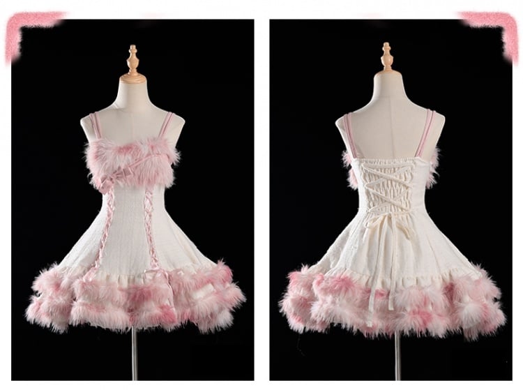 Pink Winter Fluffy Neckline and Hemline Tweed Jumper Skirt - Sukuroi