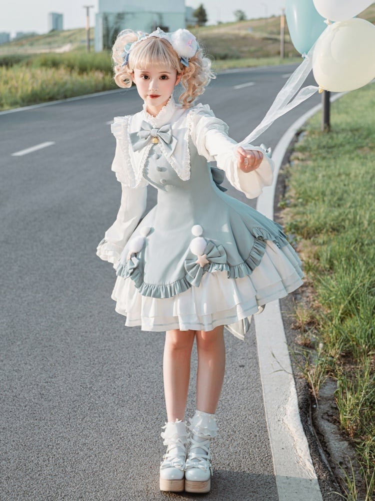 Blue Pointed Collar Pompoms Bowknot Long Sleeves One Piece