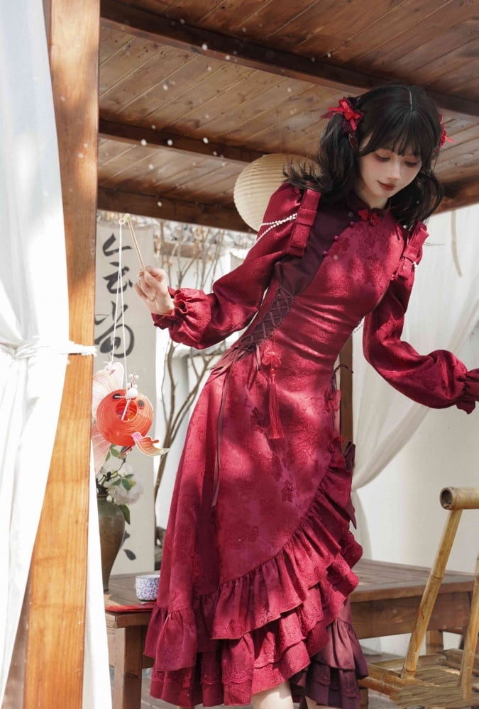 Red Layered Flounce Hemline New Year Winter Qipao - Sukuroi