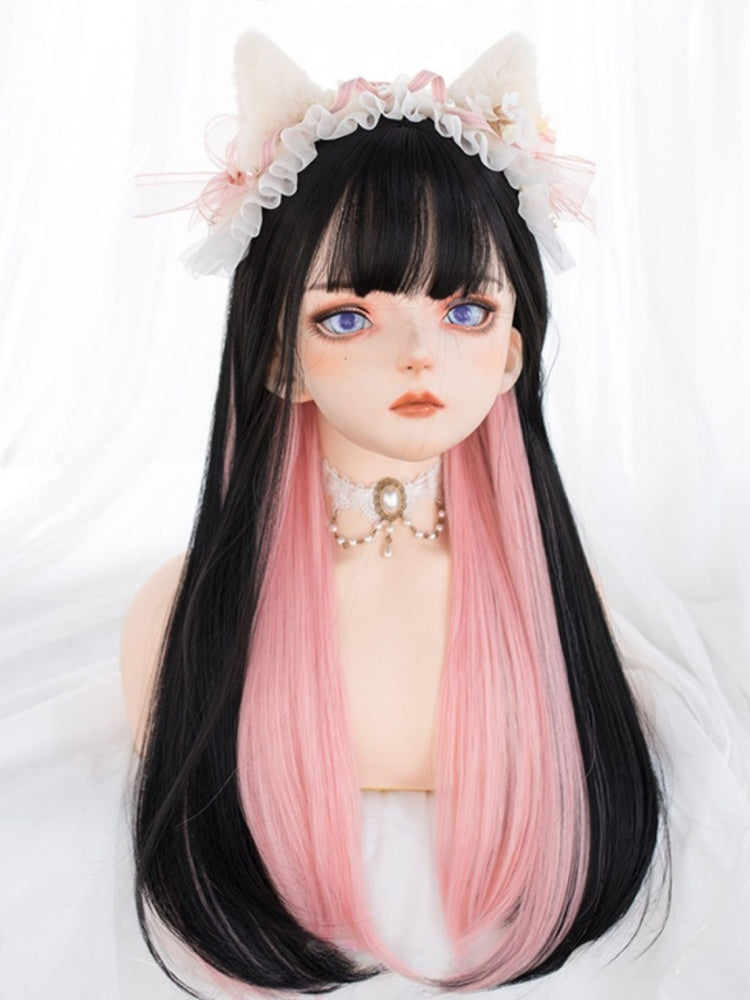 Pink Highlight Hair Color Black Medium Length Synthetic Straight Wig