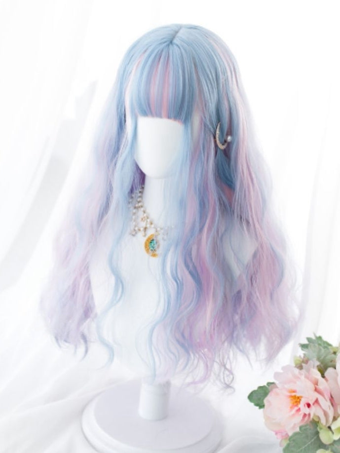 Mixed Hair Color Long Wavy Synthetic Wig with Full Bangs