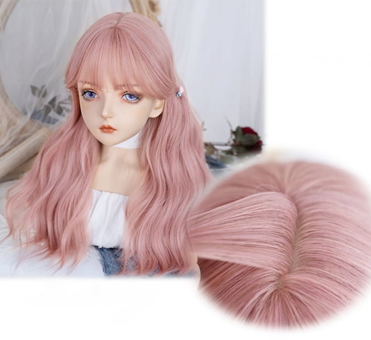 Pink Medium Length Synthetic Wavy Wig with Air Bangs