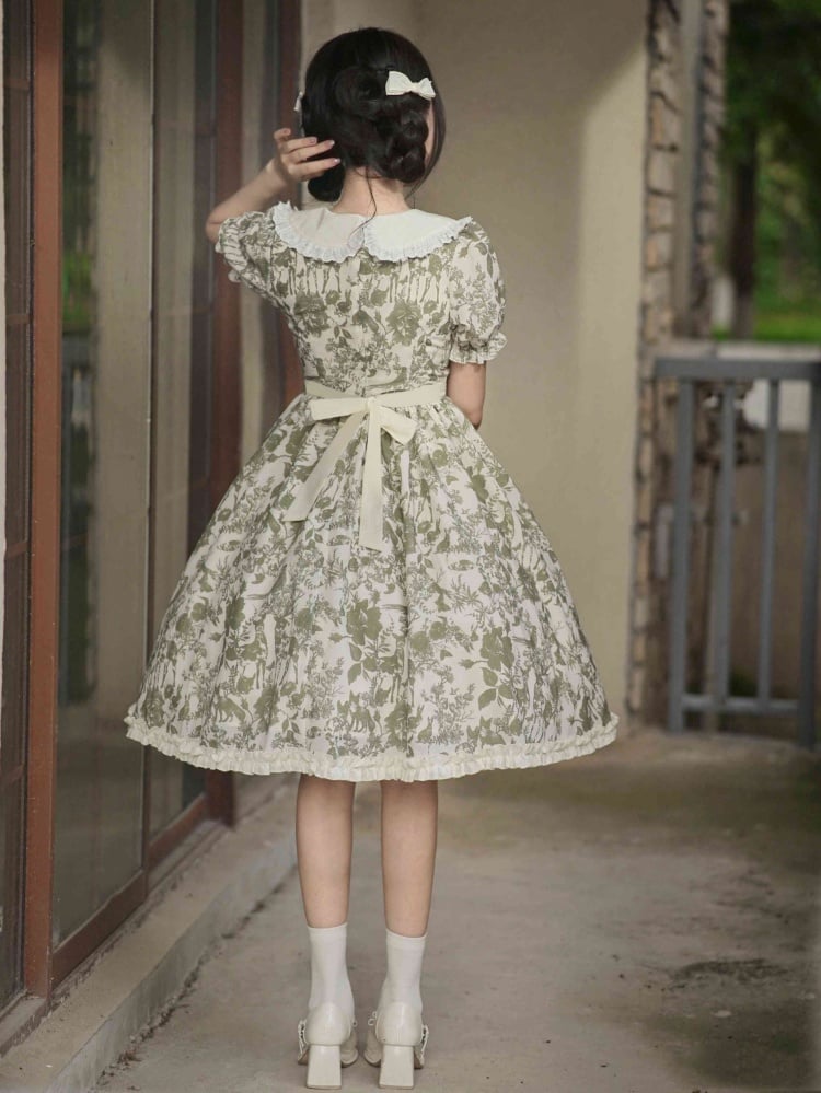 Summer Green Forest Print Beige Peter Pan Collar One Piece