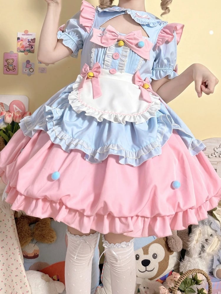 Pink and Blue Cutout Peter Pan Collar Sweet One Piece with Sleeves and Apron