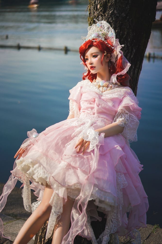 Fairycore Dress Full Set- Coral Embroidery Pink Princess Dress + Shell Tiara + Shell Wrist Cuffs