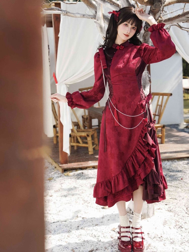 Red Layered Flounce Hemline New Year Winter Qipao - Sukuroi