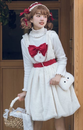 Little Sweet Bean Color White and Red Square Neckline Bubble Skirt Jumper Skirt