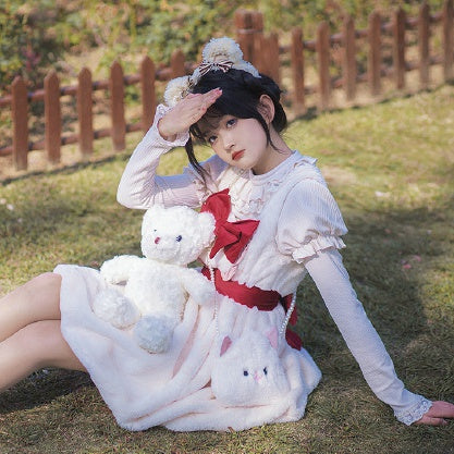 Little Sweet Bean Color White and Red Square Neckline Bubble Skirt Jumper Skirt