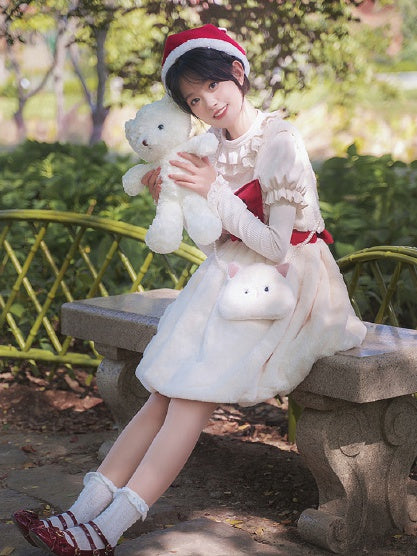 Little Sweet Bean Color White and Red Square Neckline Bubble Skirt Jumper Skirt