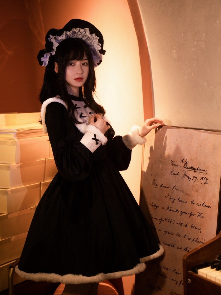 Humanoid Time Color Black Ruffle Round Neckline Plush Hemline Velvet Long Sleeves One Piece