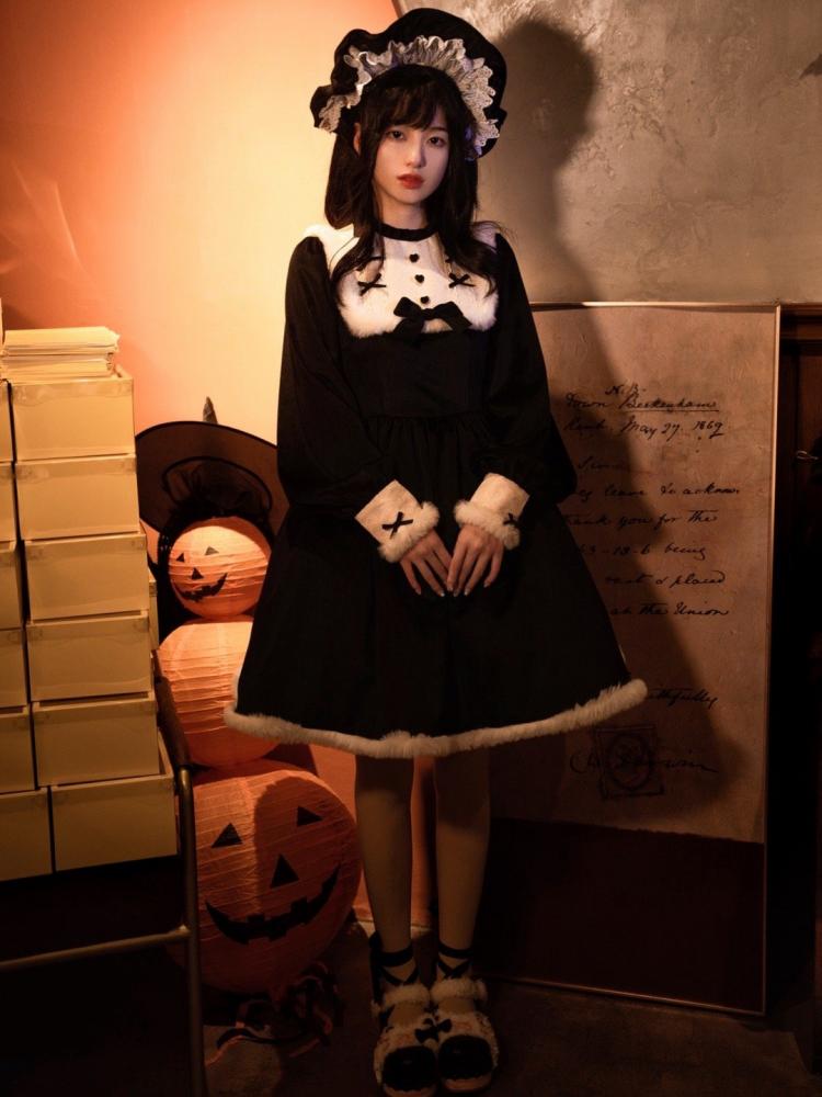 Humanoid Time Color Black Ruffle Round Neckline Plush Hemline Velvet Long Sleeves One Piece