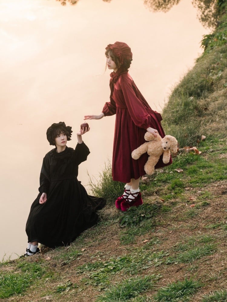 Winona Red/Black Velvet and Corduroy Ruffle Neckline Long Balloon Sleeves One Piece