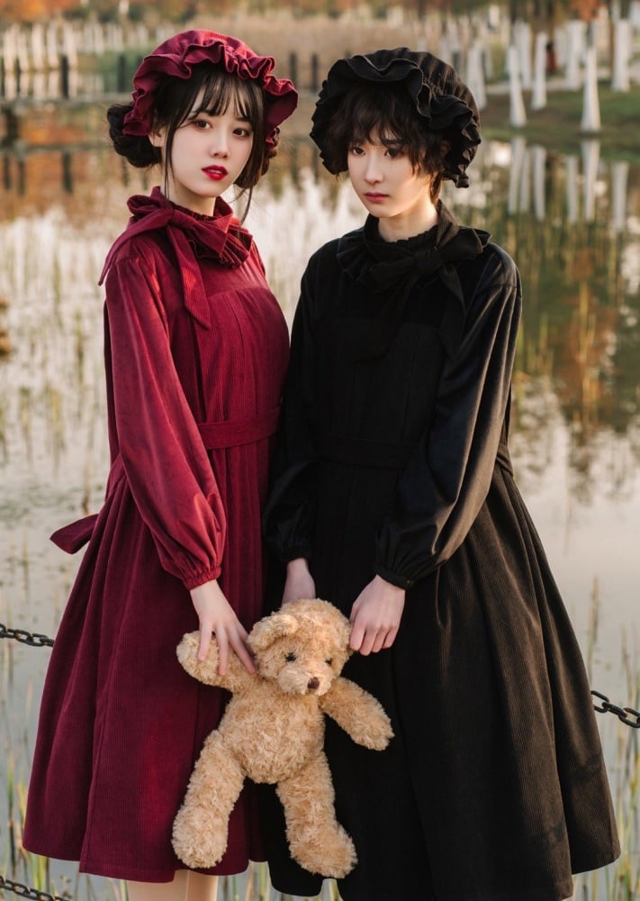 Winona Red/Black Velvet and Corduroy Ruffle Neckline Long Balloon Sleeves One Piece