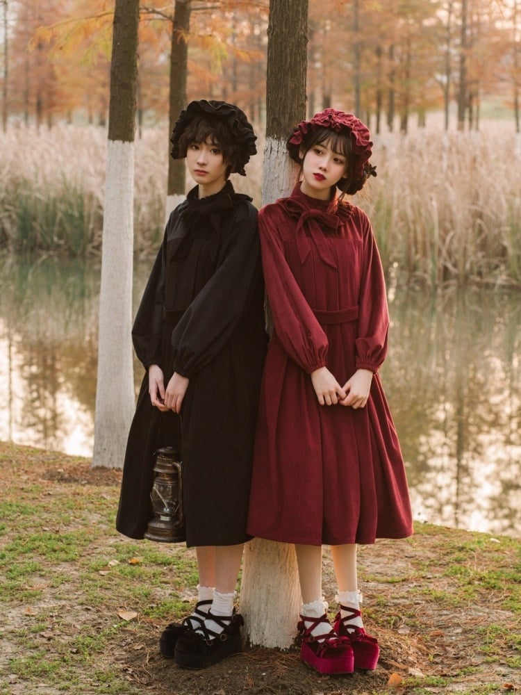 Winona Red/Black Velvet and Corduroy Ruffle Neckline Long Balloon Sleeves One Piece