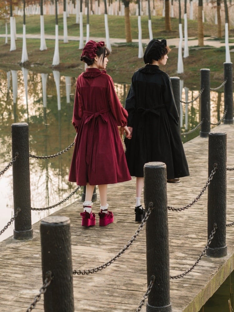 Winona Red/Black Velvet and Corduroy Ruffle Neckline Long Balloon Sleeves One Piece