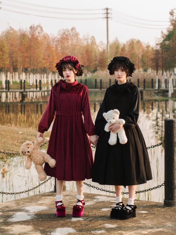 Winona Red/Black Velvet and Corduroy Ruffle Neckline Long Balloon Sleeves One Piece