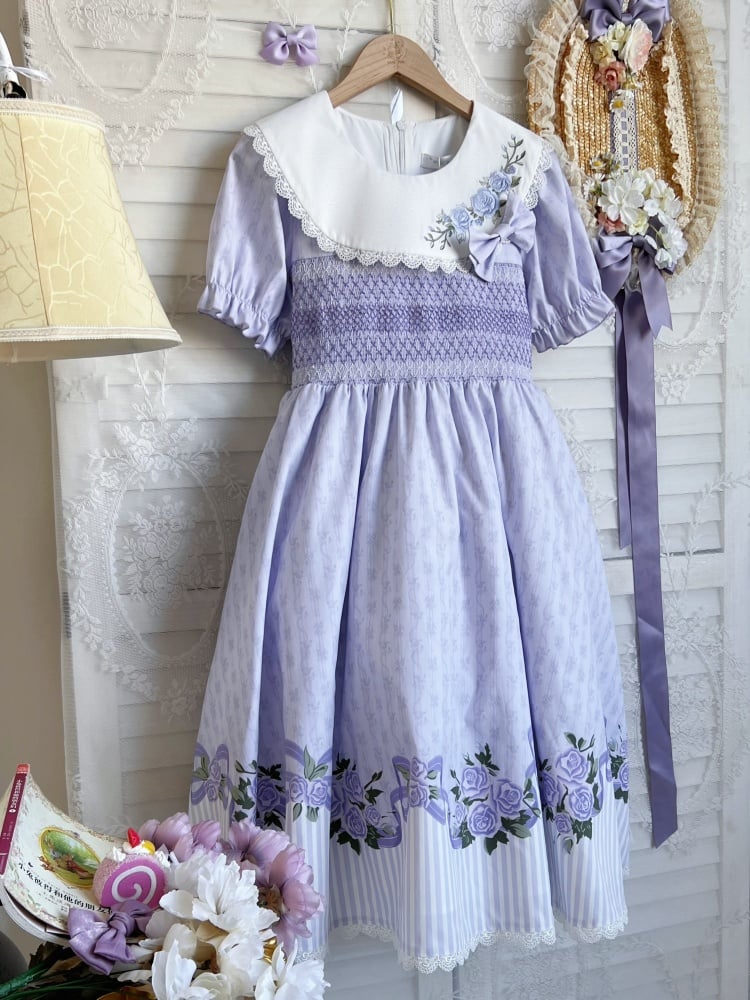 Purple Rose Embroidery Flat Collar Striped Hemline One Piece