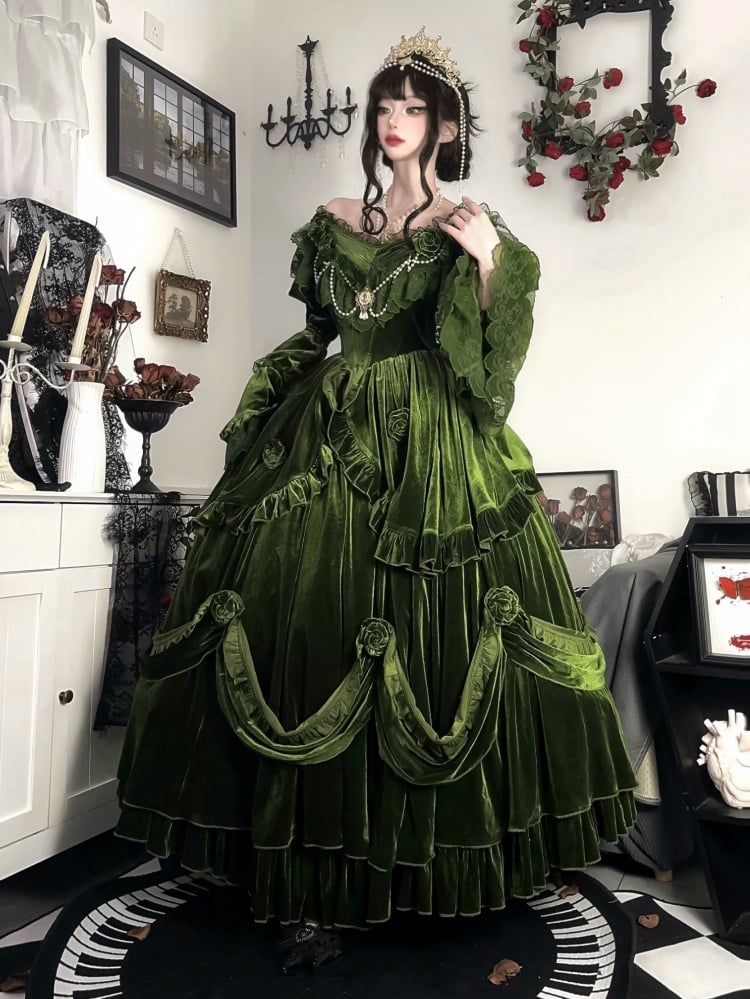 Vintage Green Classic Velvet Dress Roses and Bead Chain Princess One Piece - Sukuroi