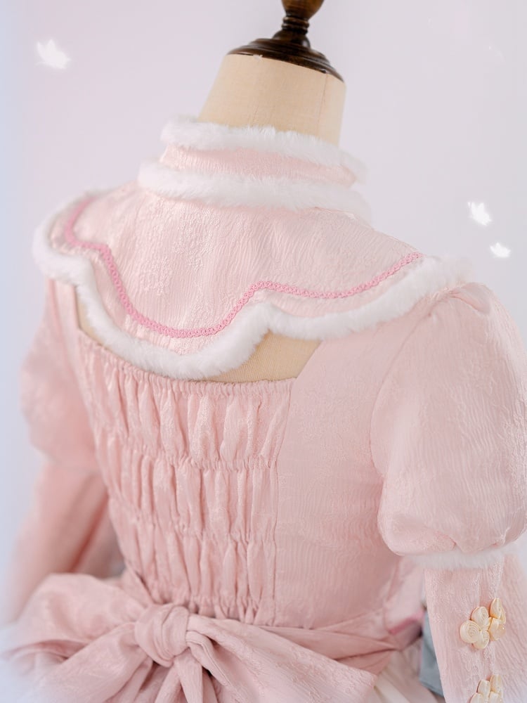 Pink High Waist White Plush Trim Neckline and Cuffs Qi One Piece - Sukuroi