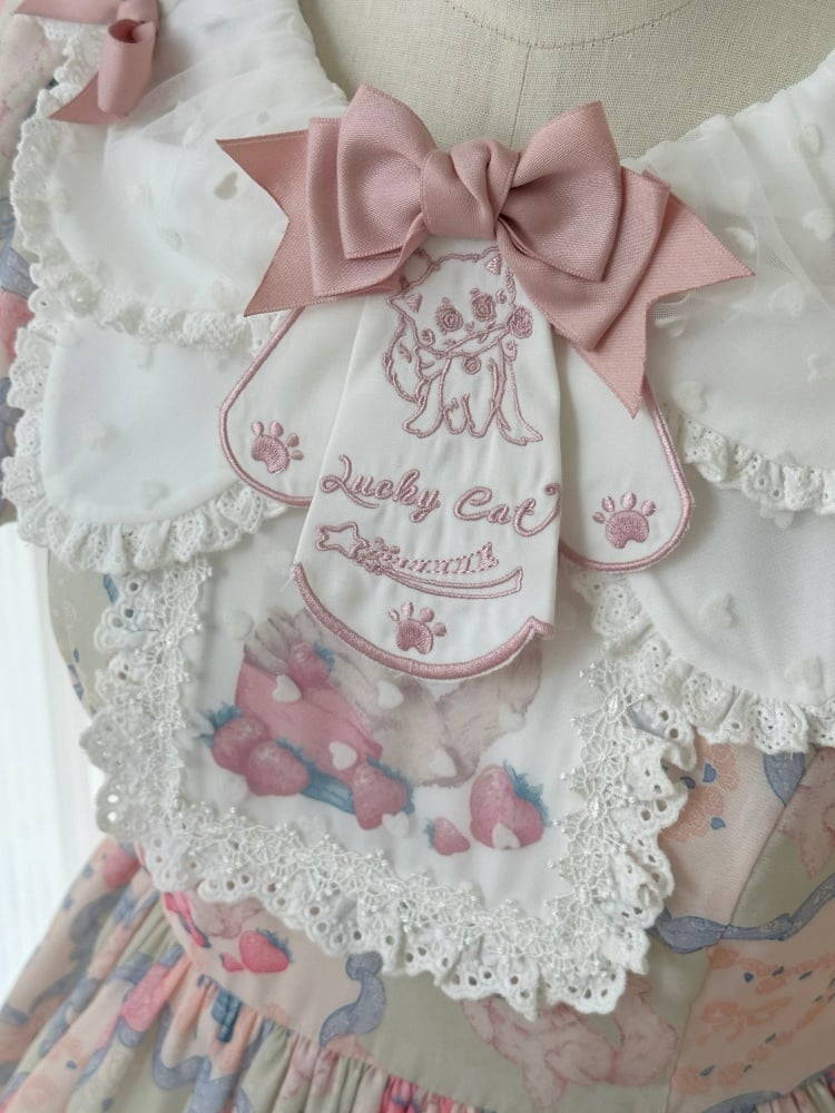 Pink and Green Sweet Kitty Print High Waist One Piece - Sukuroi