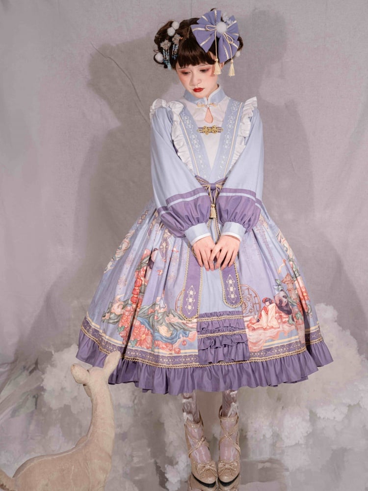 Purple Floral and Panda Print Pompoms Tassel Jumper Skirt