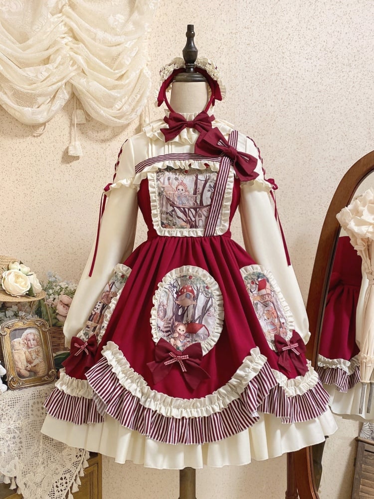 Red Forest Animal Print Sweet Long Sleeves One Piece - Sukuroi