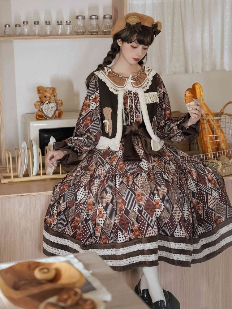 Teddy Diamond Pattern Print Brown Dress for Autumn and Winter