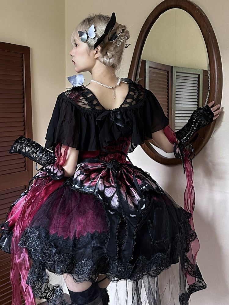 Wine Red Butterfly Jumper Skirt Gothic Princess Dress with Butterfly Train