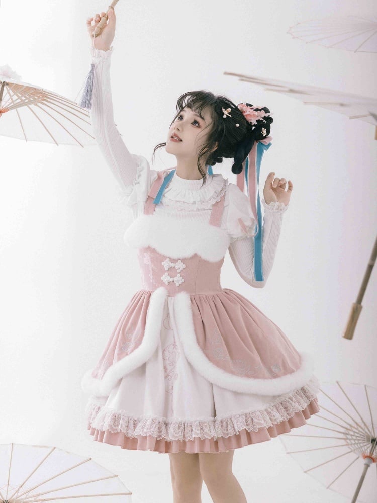 Pink and White Shell and Snowflake Embroidery Winter Jumper Skirt