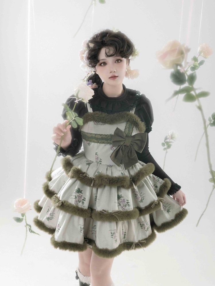 Rosette Print Green Plush Trim Tiered Jumper Skirt - Sukuroi