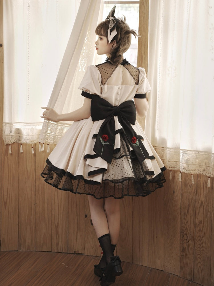 White Rosette Embroidery One Piece Cotton / Satin Dress
