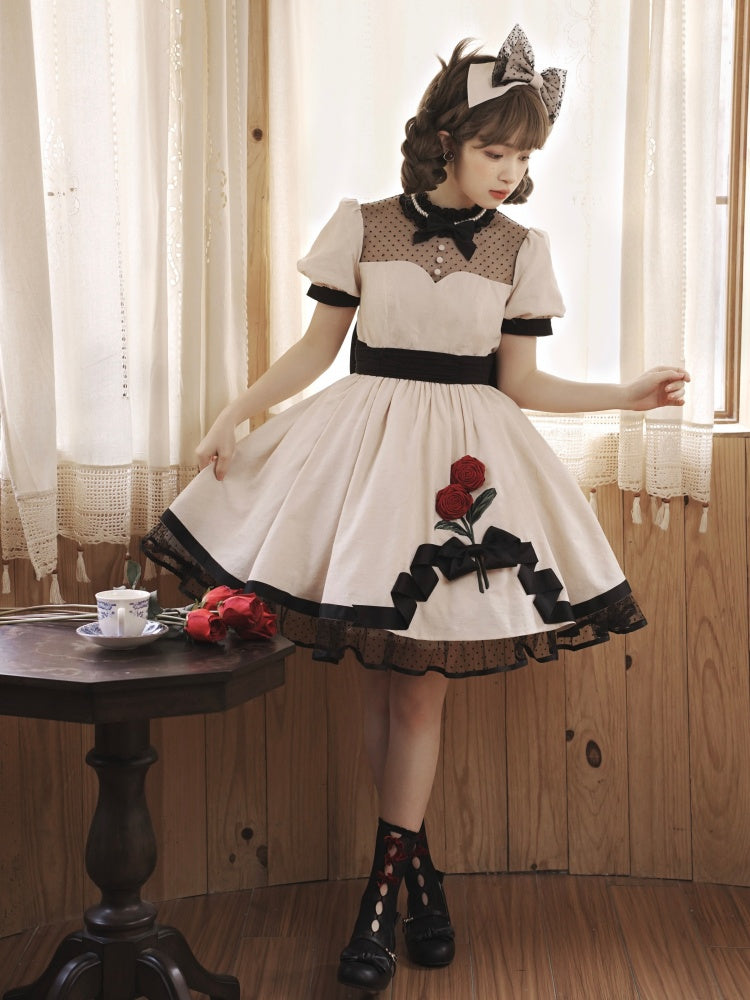 White Rosette Embroidery One Piece Cotton / Satin Dress