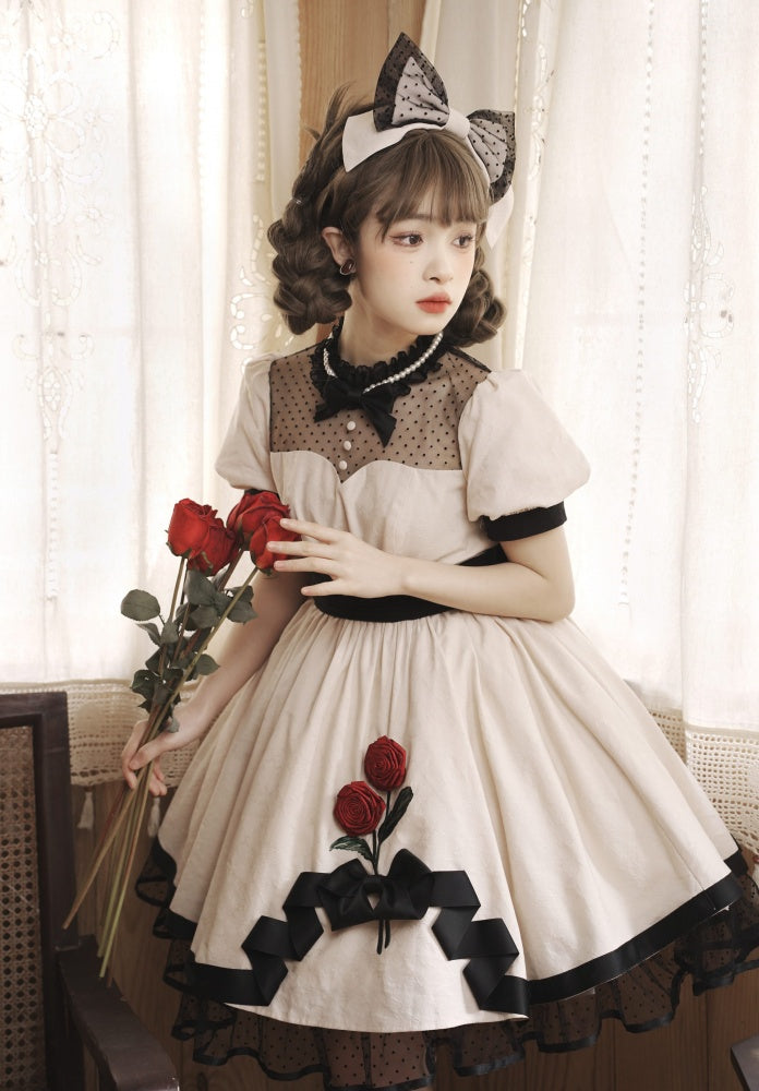 White Rosette Embroidery One Piece Cotton / Satin Dress