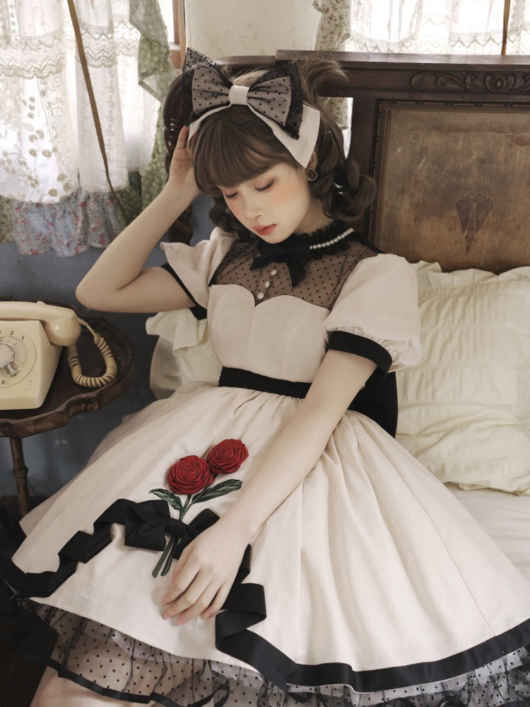 White Rosette Embroidery One Piece Cotton / Satin Dress