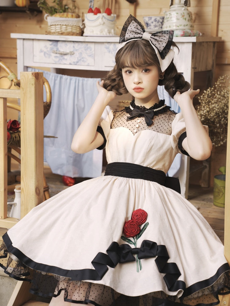 White Rosette Embroidery One Piece Cotton / Satin Dress
