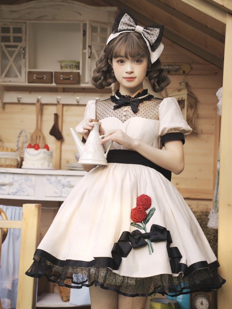 White Rosette Embroidery One Piece Cotton / Satin Dress