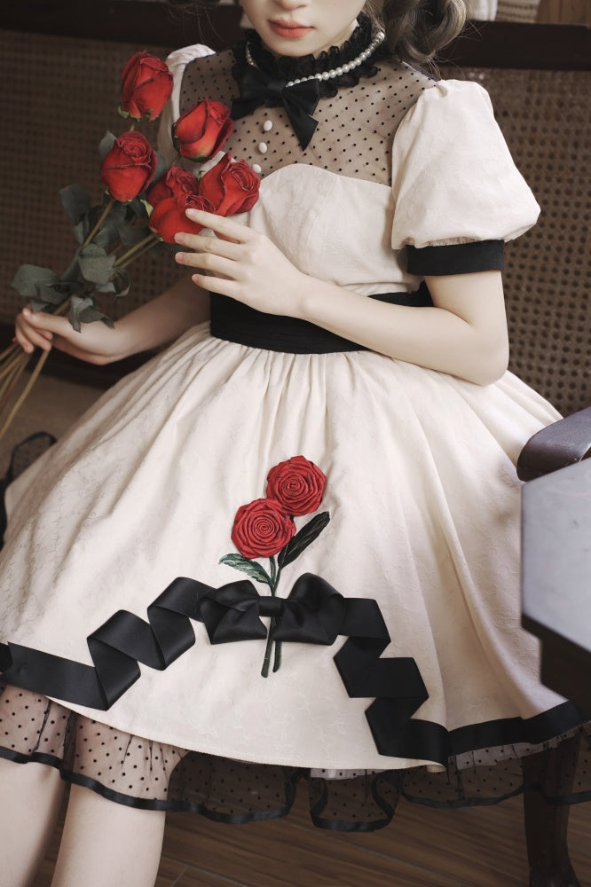 White Rosette Embroidery One Piece Cotton / Satin Dress