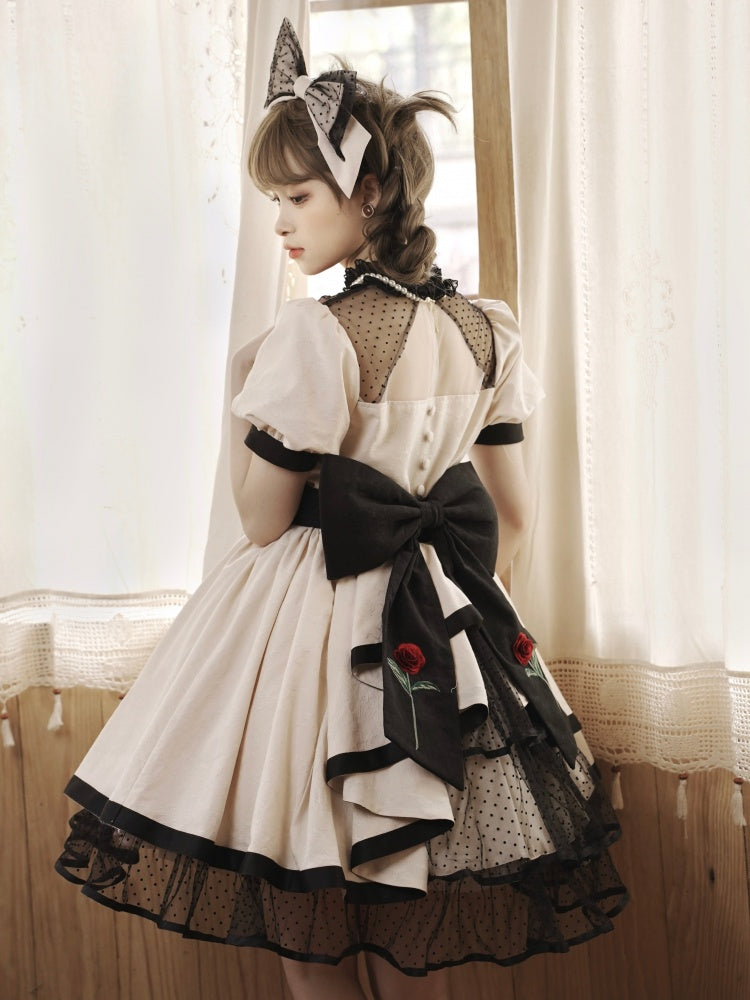 White Rosette Embroidery One Piece Cotton / Satin Dress