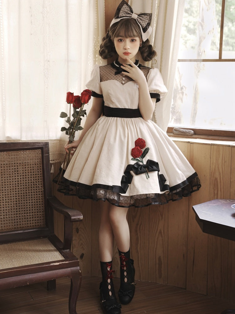 White Rosette Embroidery One Piece Cotton / Satin Dress