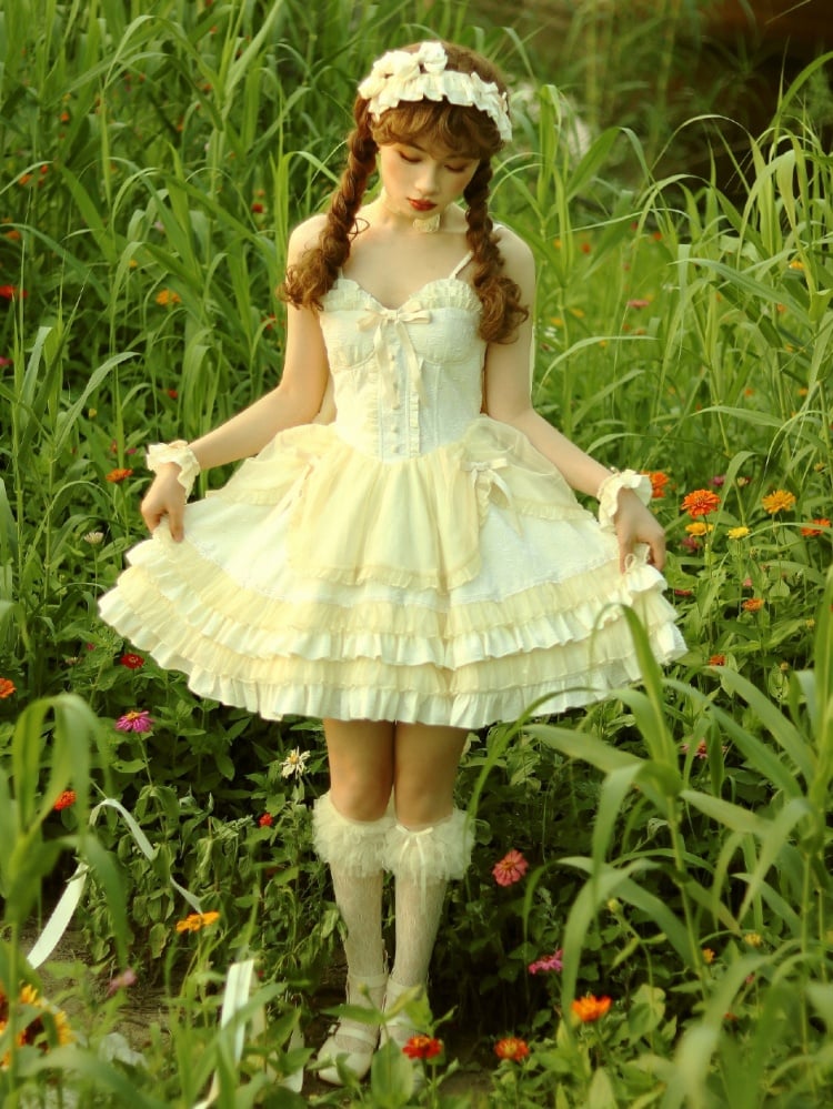 Beige Sweetheart Neckline Boned Bodice Balletcore Jumper Skirt Tiered Ruffles with Big Bow