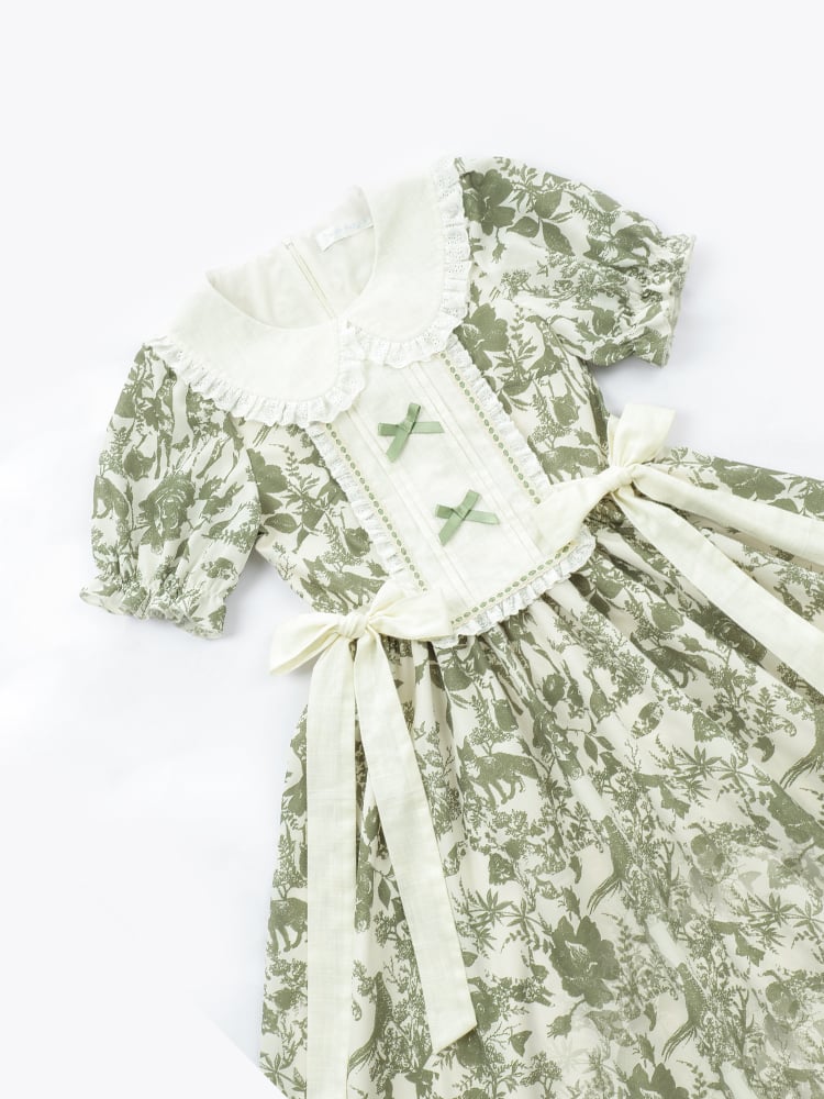 Summer Green Forest Print Beige Peter Pan Collar One Piece